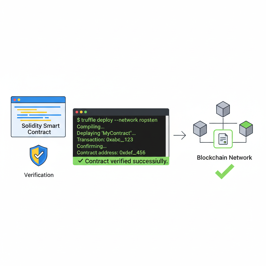 deploying Solidity contract to blockchain network, terminal output showing successful verification