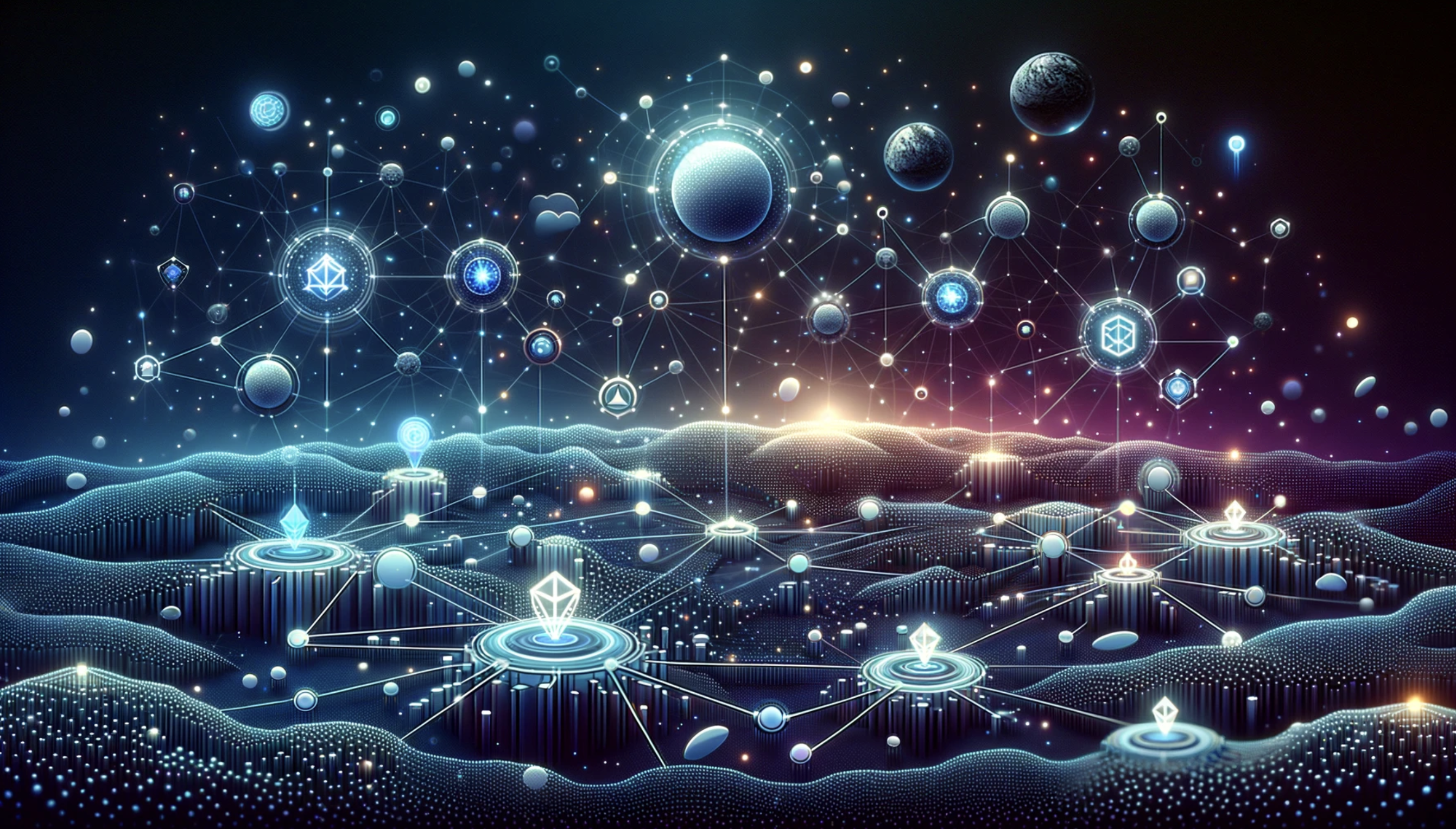 Vibrant illustration of interconnected Ethereum, Polygon, and Solana blockchains with event oracles triggering DeFi actions across multi-chain networks
