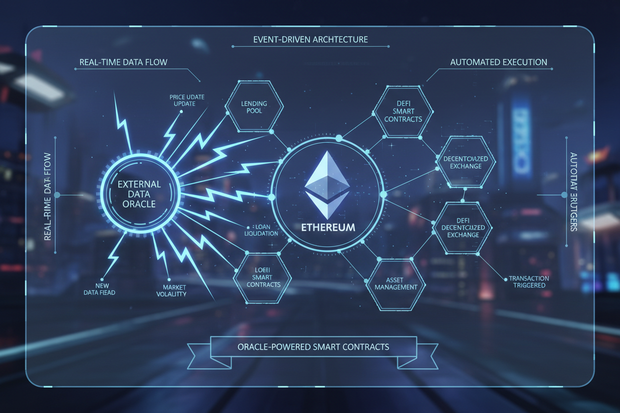 Futuristic diagram of event-driven oracle pushing real-time data to Ethereum DeFi smart contract with lightning bolt triggers