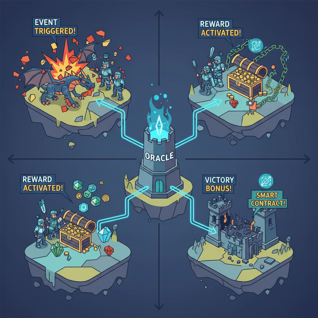 gaming battlefield with blockchain oracles triggering events, explosions and rewards activating, epic fantasy style